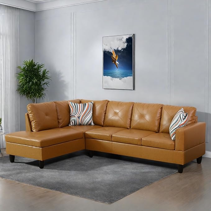 L-Shaped Sectional Sofa with Ottoman, Right-Facing Leather Modern Couch by GlasFlength