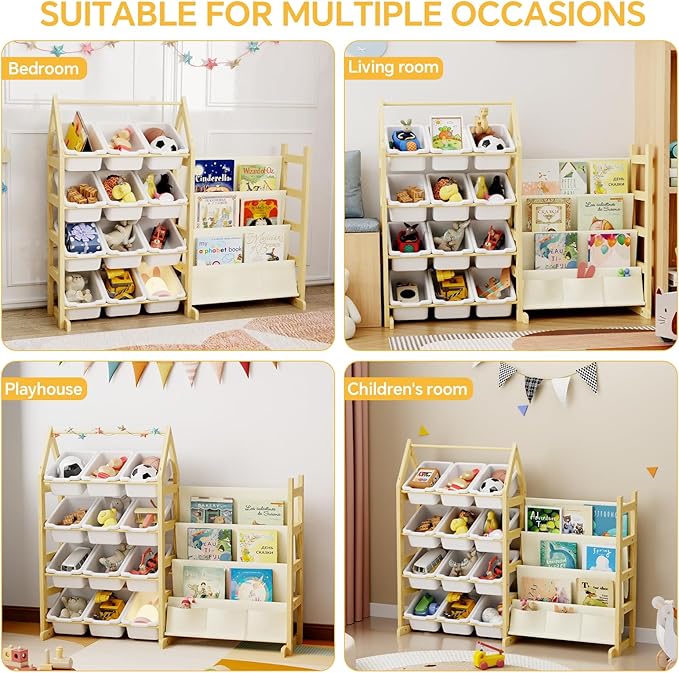 Wooden Toy Storage Organizer Kids Bookshelf, - Image 6