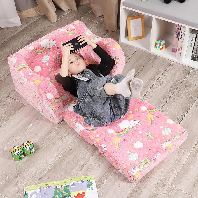 Unicorn Glow in The Dark Toddler Couch, 2-in-1 Toddler Soft Couch Fold Out - Image 6