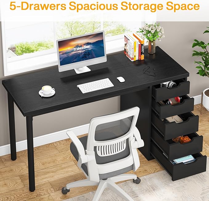 Tribesigns Computer Desk with 5 Drawers, 47 inches Rustic Brown Home Office - Image 5