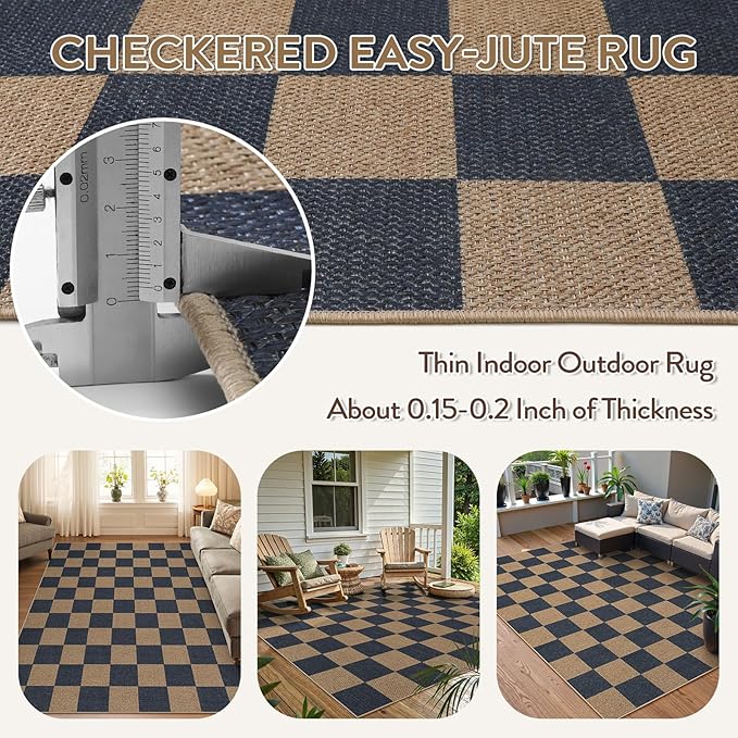 Lahome Checkered Easy Jute Living Room Rugs, 5x7 Dining Room Office Rug - Image 3