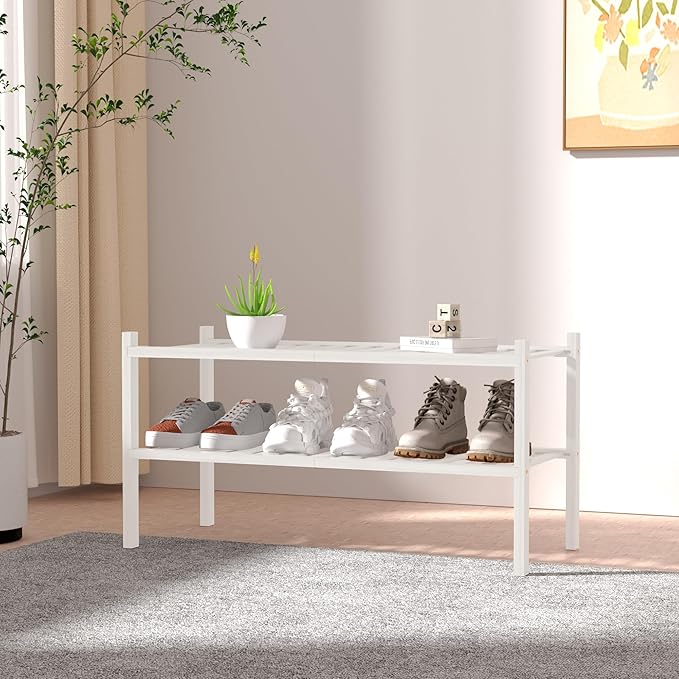 2 Tier Bamboo Shoe Rack for Closet Free Standing Wood Shoe Shelf for Entryway - Image 2