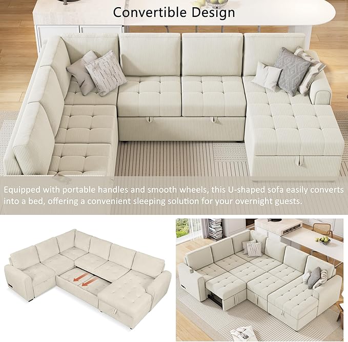 107.5" Corduroy U Shaped Sofa, Sectional Sleeper Couch Pull Out Bed - Image 6