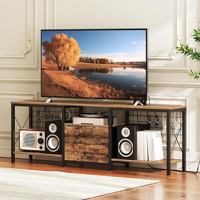 TV Stand with Power Outlet Up to 70 Inch, Entertainment Center with 2 Fabric - Image 2