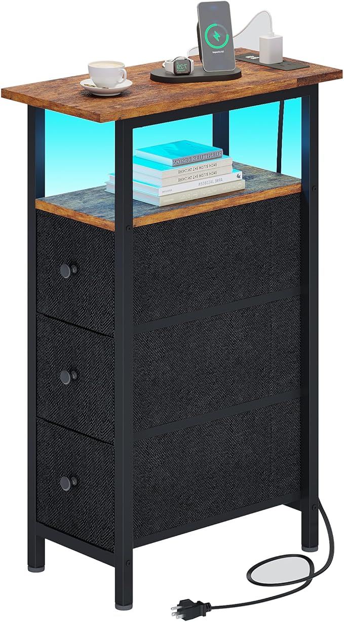End Table with Charging Station, Narrow Side Table with 3 Fabric Drawers by TRIFEBLE