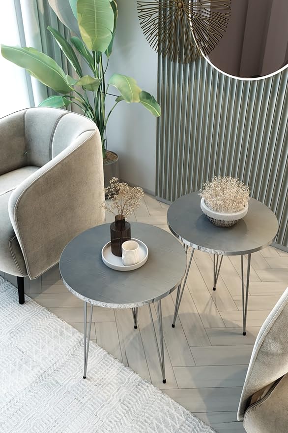 PAK HOME - Set of 2 End Table - High Gloss Grey Wood Round Sofa Side Coffee by PAKHOME