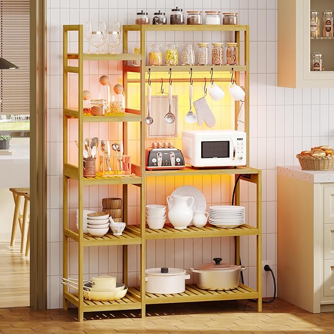 Bakers Rack with Power Outlet, Coffee Bar, 10-Tier Kitchen Shelves with 8 Hooks - Image 3