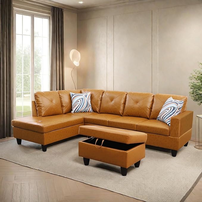 L Shaped Sectional Sofa with Ottoman, Leather Right Facing Modern Couches by GlasFlength