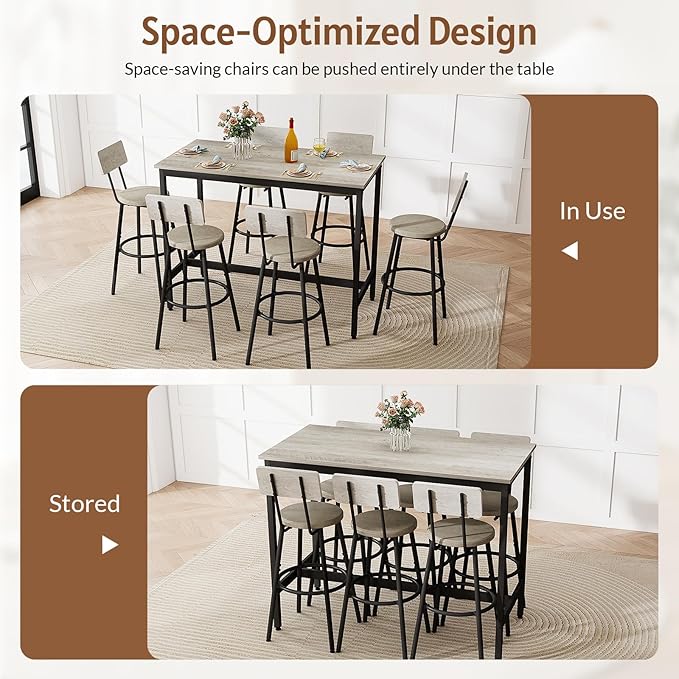 Rovibek Dining Table Set for 6, Bar Table and Chairs Set, Modern 6 Piece High - Image 6