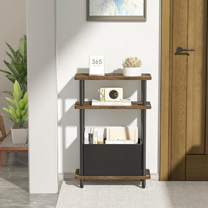 Narrow Side Table with Fabric Basket, 3 Tier Skinny End Table with Wood Legs - Image 2