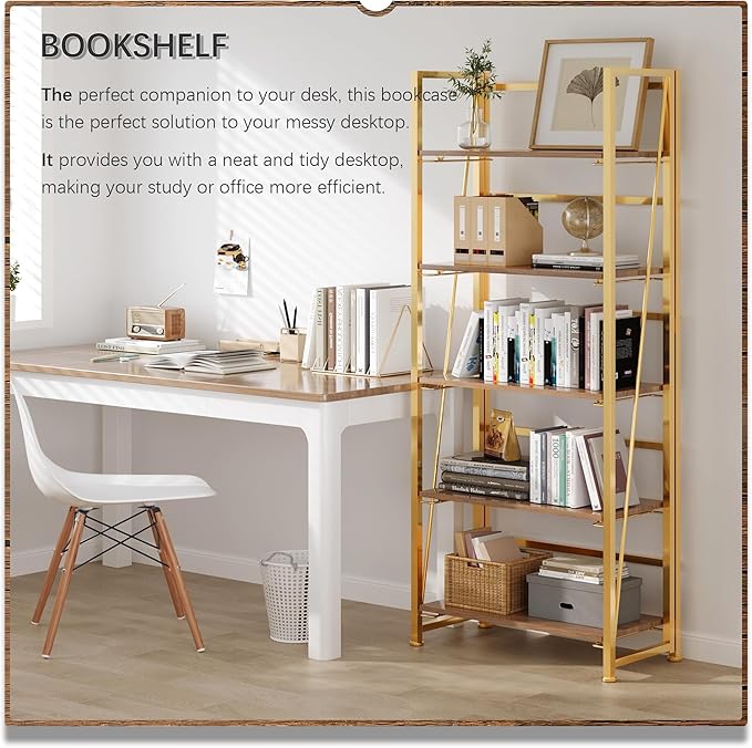 4NM No Assembly Folding Bookshelf, 5-Shelf 62.2" H Collapsible Foldable - Image 3