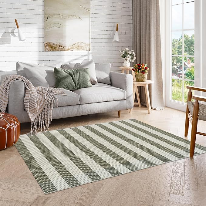 OJIA Striped Outdoor Area Rug 4'x6' Washable Patio Rugs Cotton Woven Living - Image 9