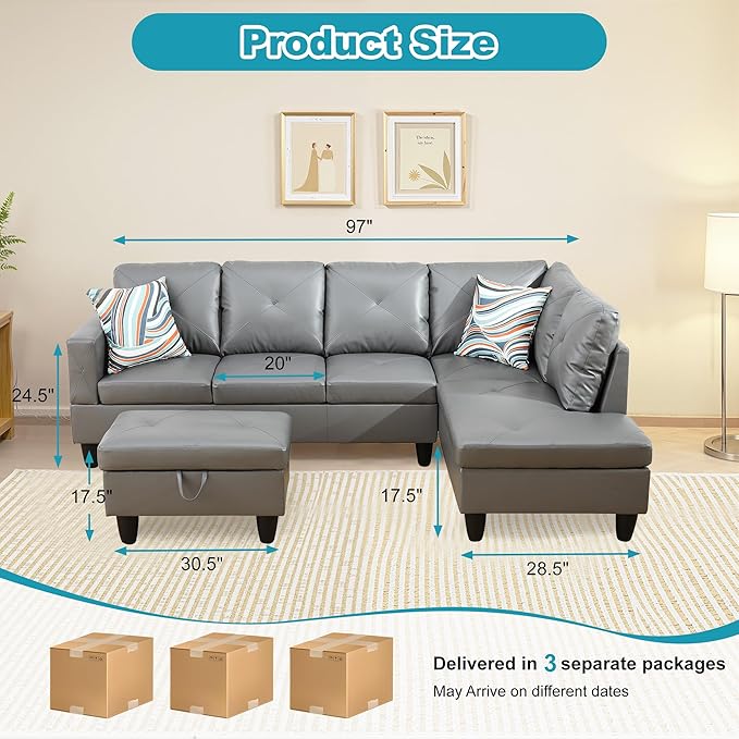 Couches for Living Room Faux Leather L Shaped Couch Comfy 3 Pieces Sectional - Image 2