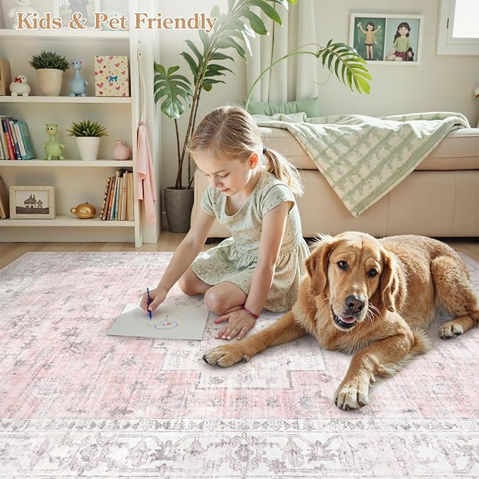 LIVEBOX Pink 6x9 Area Rug for Bedroom Girls, Boho Washable Rugs for Living Room - Image 4