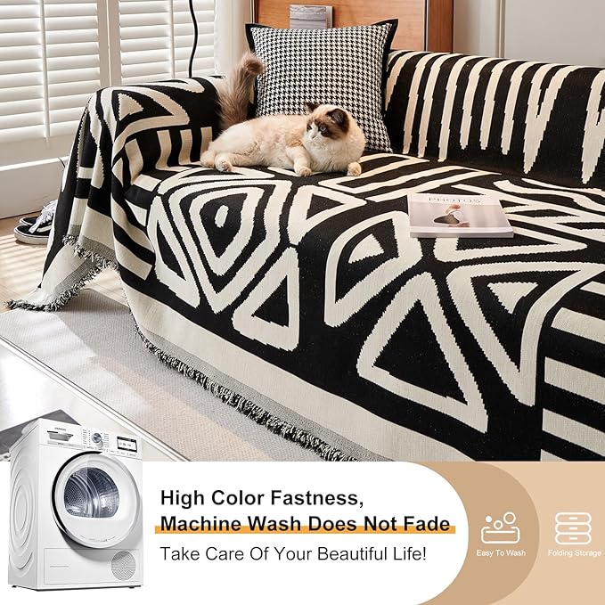 STACYPIK Boho Black Beige Couch Cover Wrinkle Resistant Sofa Cover - Image 7