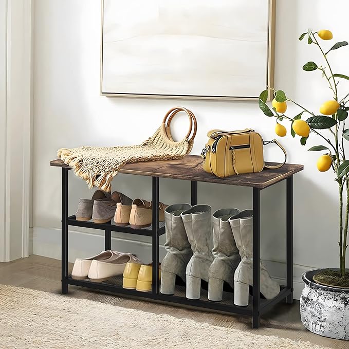 Rustic Wood Bench with 3-Tier Shoe Rack - Image 2