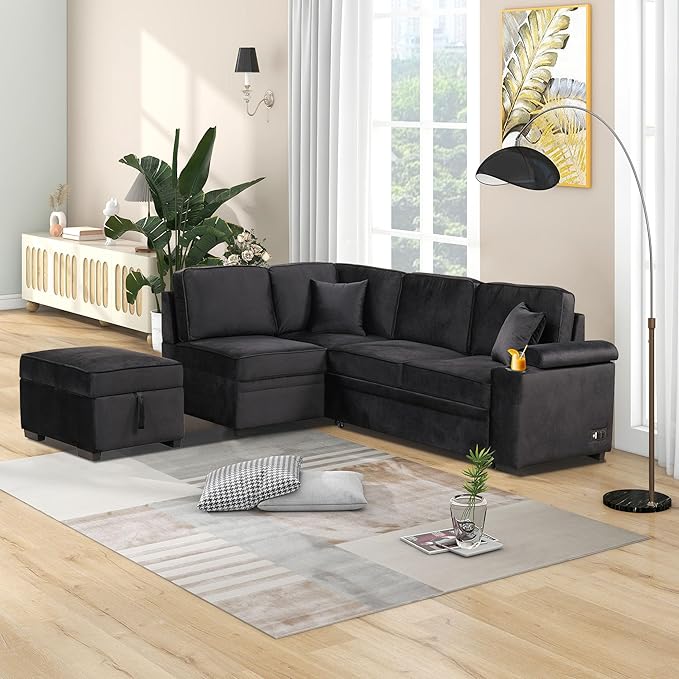 Ball & Cast 84" Convertible Sectional Sofa Bed, L-Shaped Sleeper Couch by BallCast