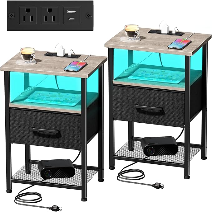 Nightstands Set of 2 with Charging Station and Drawer, End Table Bedside Table by LAKEMID