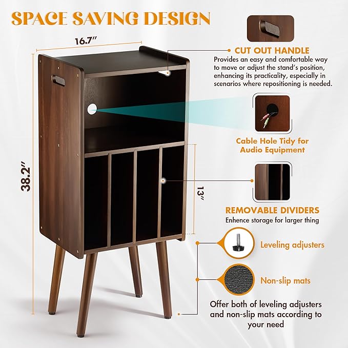 Wooden LP Record Player Stand, 3-Tier Turntable Stand Cabinet Holds up to 100 - Image 2