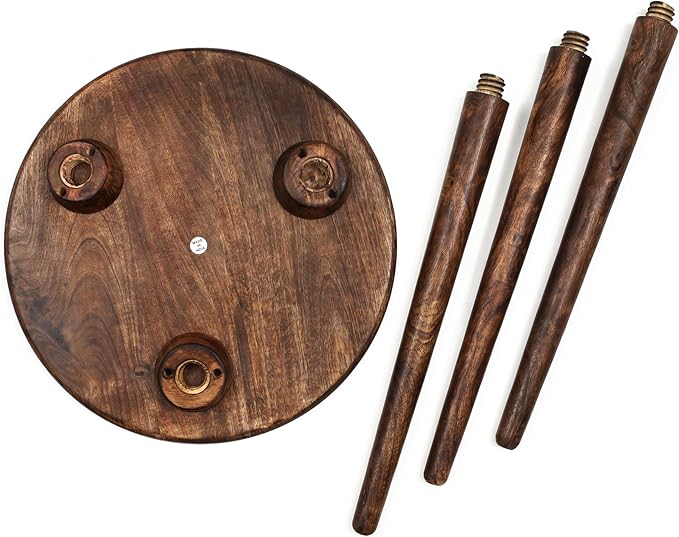 Wooden Table with 3 Legs Pillar, Carving End Tables, Round Coffee Table - Image 6