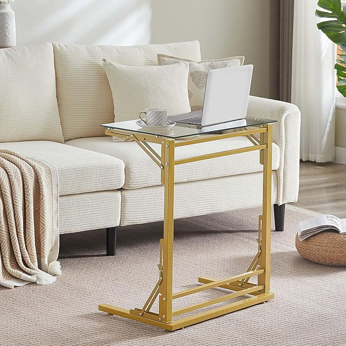 Tatub 24" Folding C Shaped End Table, Small Tempered Glass Side Table by Tatub