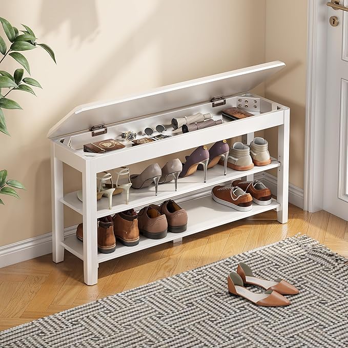 Shoe Rack Bench Seat Rubberwood 2-Tier Wooden Storage Bench 550lbs Compact by IUNVR
