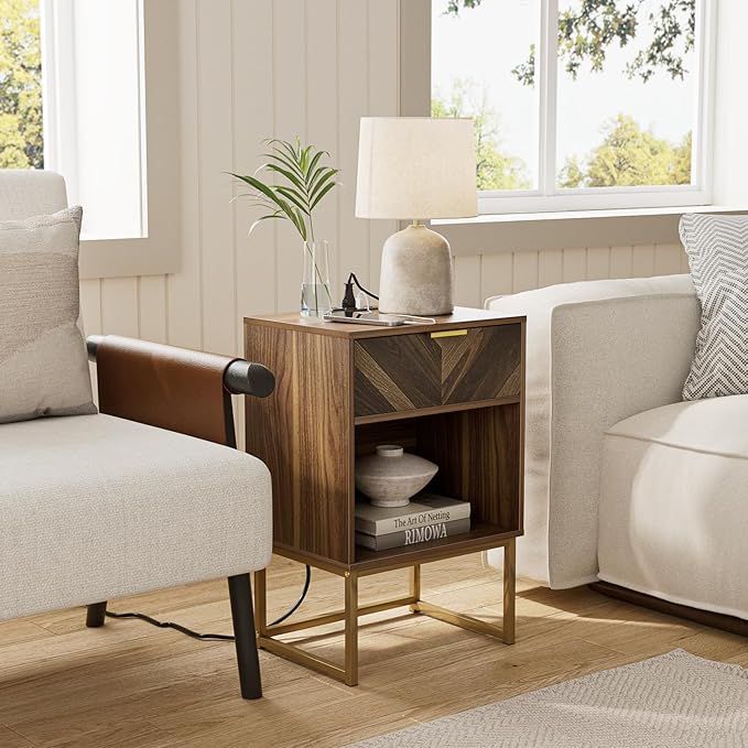 Masupu Nightstand with Charging Station, Modern Night Stand Boho Farmhouse Wood - Image 4