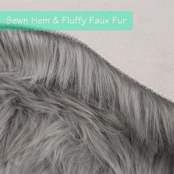 duduta Grey Faux Sheepskin Round Rug 4x4 ft, Fluffy Shag Fur Bedroom Nursery - Image 3