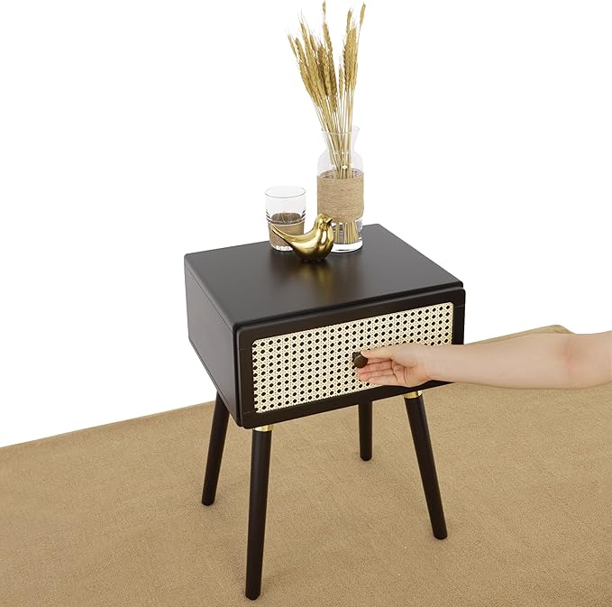 Bme Nipe Black Solid Wood Rattan Nightstand Fully Assembled, Woven Cane End - Image 9