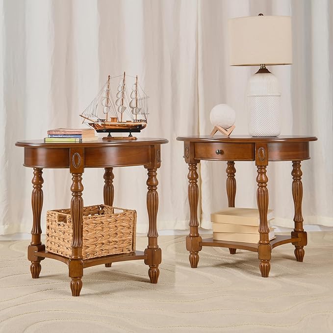 Solid Wood End Table with Drawer and Storage Shelf, Oval Sofa Side Table with - Image 6