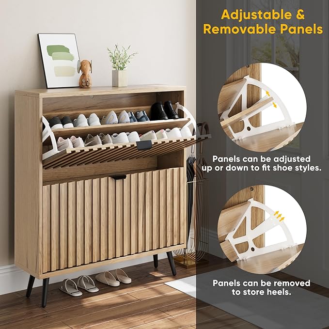 Smuxee Shoe Cabinet with 2 Flip Drawers, 31.5" Natural Hidden Shoe Storage - Image 4