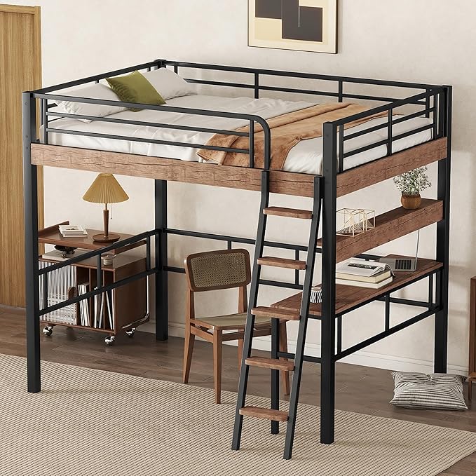 Metal Full Size Loft Bed with Built-in Desk, Storage Shelf and Ladder, by Unknown