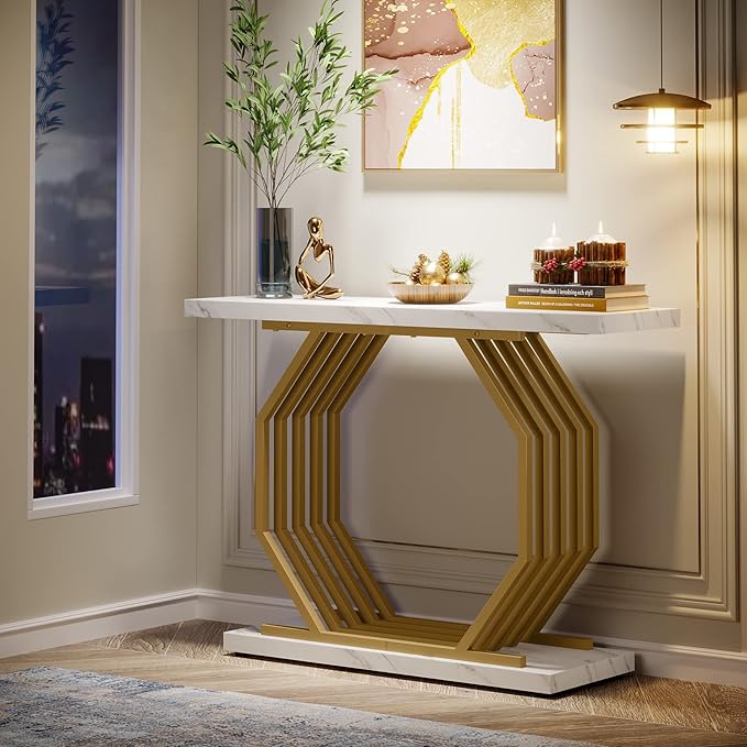 Tribesigns Gold Console Table, Faux Marble Entryway Table Narrow Sofa - Image 3