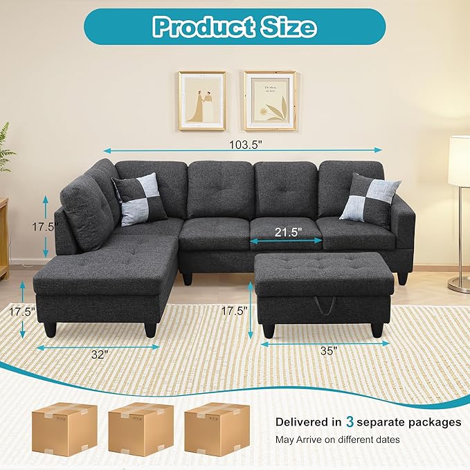 L Shaped Couch Modern Sectional Couch Upholstered Flannel Fabric 3 Pieces Sofas - Image 2