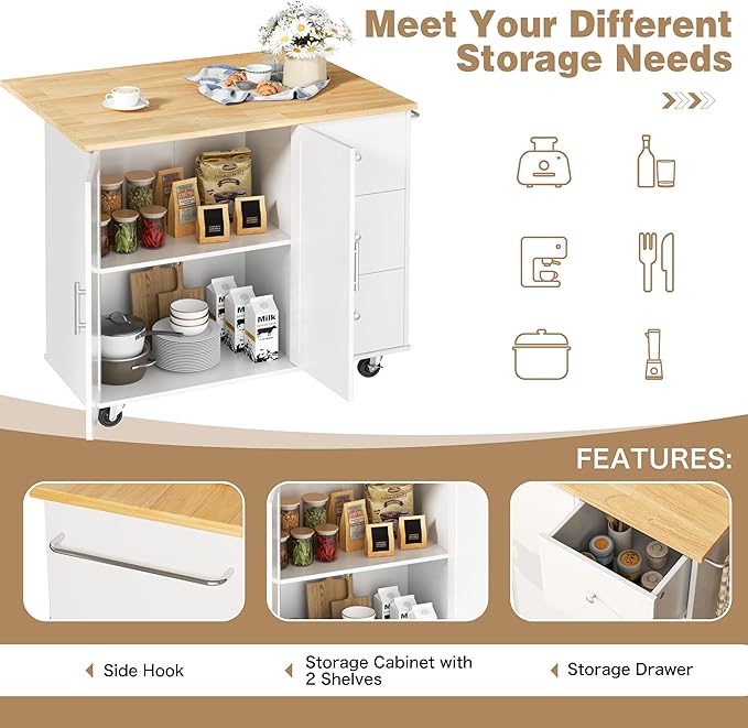 Shintenchi Kitchen Island with Folding Drop Leaf, Rolling Island Table with - Image 6