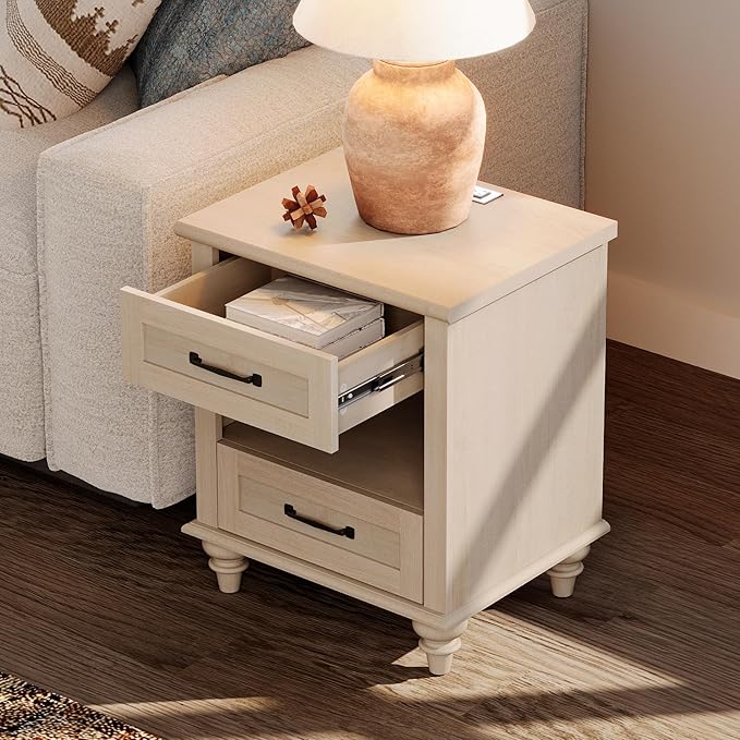 WAMPAT Beige Side Table with Charging Station, Elegant Nightstand - Image 4