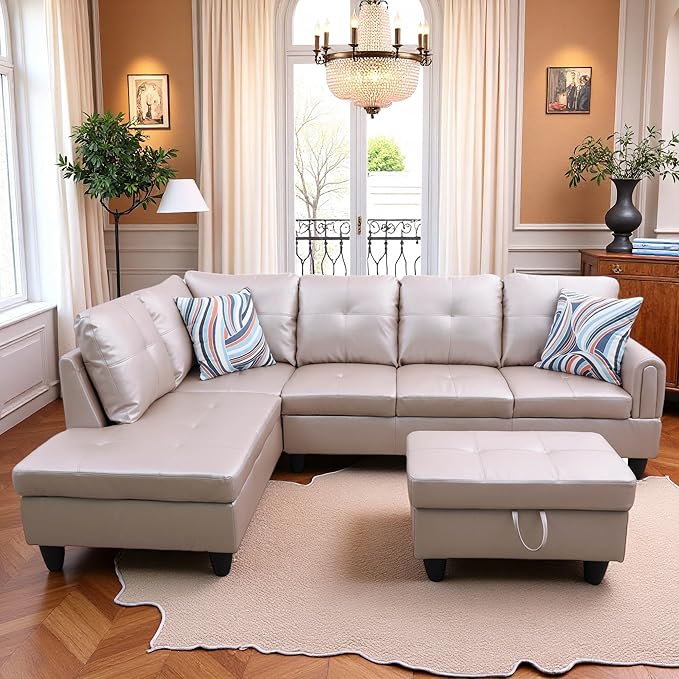 L-Shaped Sectional Sofa with Ottoman, Right-Facing Leather Modern Couch with - Image 4