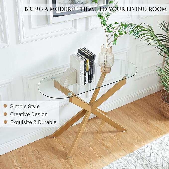 Gold Glass Oval Console Table, Modern Style Entryway Hallway Narrow Sofa Table - Image 4