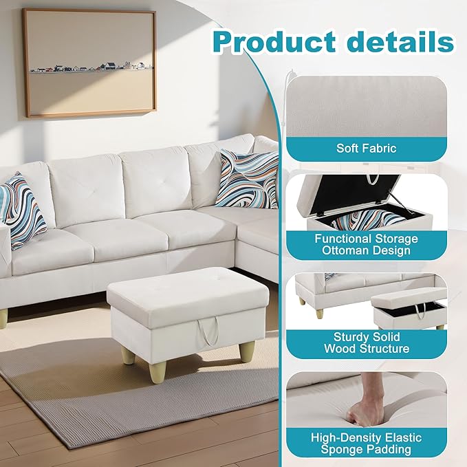 Couches for Living Room Modern L Shaped Couch Comfy Flannel Fabric 3 Pieces - Image 5