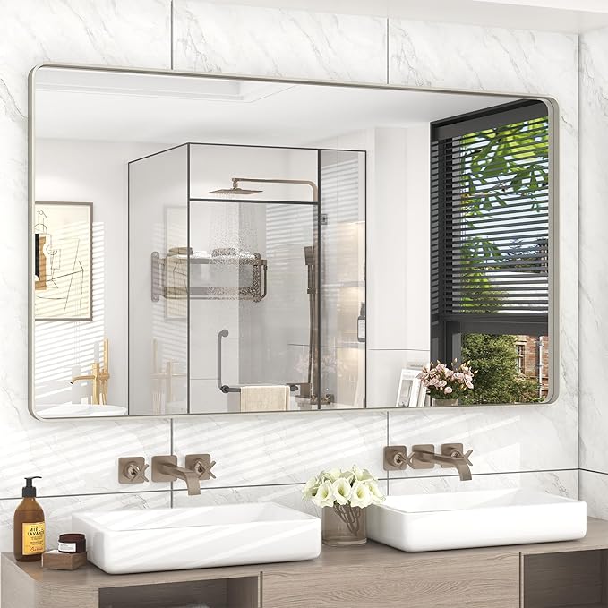 55x30 Silver Bathroom Mirror for Wall, Brushed Metal Silver Framed Bathroom by CHARMOR
