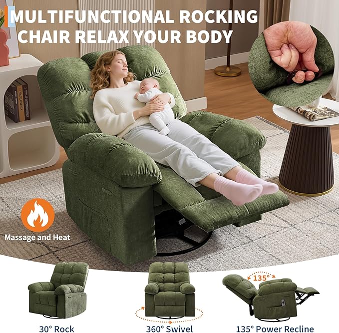 Rocking Recliner Chair with Vibration Massage & Heat, 360° Swivel Oversized - Image 4