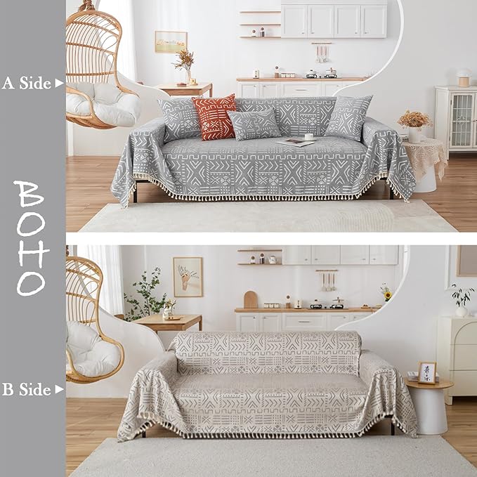 HANDONTIME Bohemian Grey and White Couch Cover - Image 2