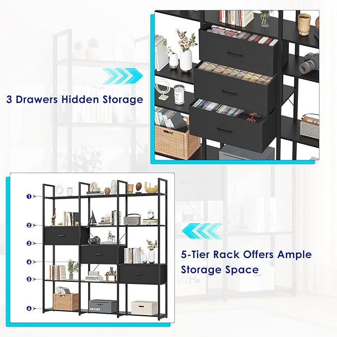73.6" Tall Bookshelf with 3 Drawers and 16 Storage Shelves, Industrial Bookcase - Image 5