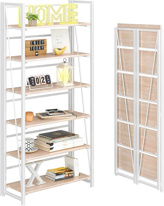 4NM No Assembly Folding Bookshelf, 6-Shelf 74" H Collapsible Foldable Bookcase by 4NM