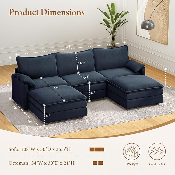 Vesgantti 108" U Shaped Sectional Couch, Comfy Cloud Modular Sectional Sofa - Image 2