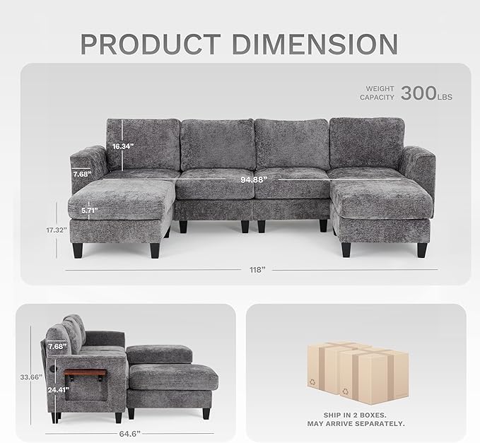 COLAMY 118" U-Shaped Sectional Couch, 4-Seat Modular Sofa - Image 2