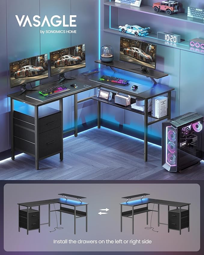 VASAGLE L-Shaped Desk with Power Outlets, Computer Desk with Monitor Stand - Image 3