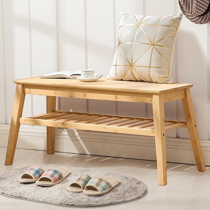 Nnewvante 33.46" Bamboo Entryway Bench, 2 Tier Indoor Storage Bench, Wood Bench by Nnewvante