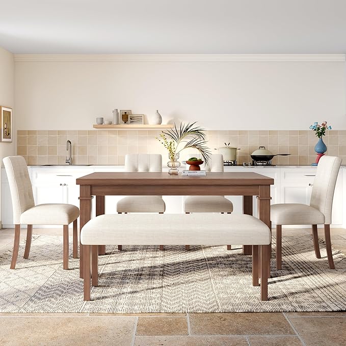 Ball & Cast Dining Table Set for 6 W/Bench & 4 Upholstered Chairs, 6 Piece - Image 4