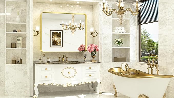 TokeShimi Gold Bathroom Mirror for Wall 42x36 Inch Rounded Corner Rectangle in - Image 2